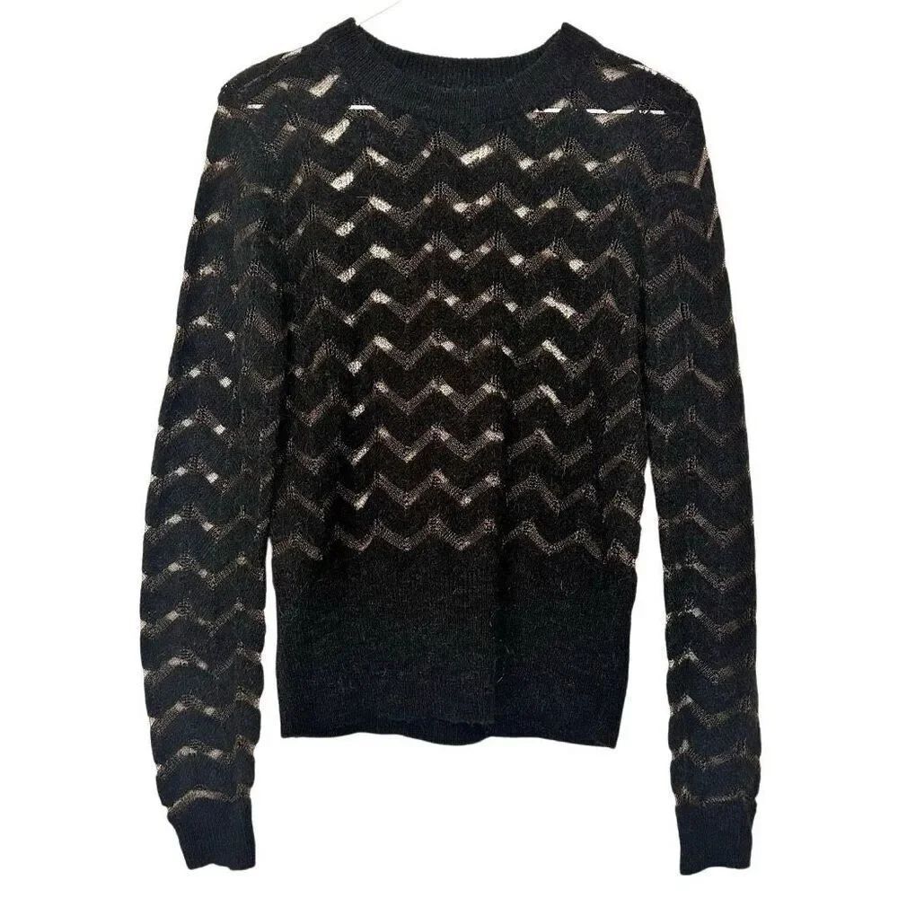 Hinge Chevron Sheer Knit Crew Neck Long Sleeve Pullover Alpaca Sweater Black Sma